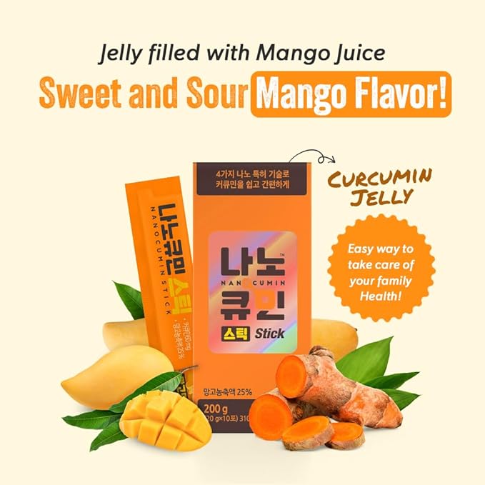 NANOCUMIN Curcumin Jelly Stick with Turmeric Extract Mango Flavor | 60mg Curcuminoids per Stick | 30 Count | Tasty Korean Daily Supplement for Energy &amp Wellness