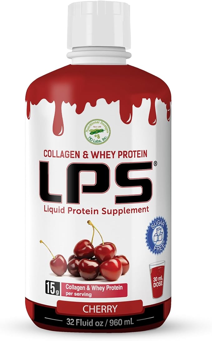 LPS Liquid Collagen &amp Whey Protein Supplement - Sugar-Free Dye-Free Non-GMO Drink - Hydrolyzed Collagen &amp Whey Peptides Promotes Healthy Skin &amp Hair for Men &amp Women Cherry 32 fl oz