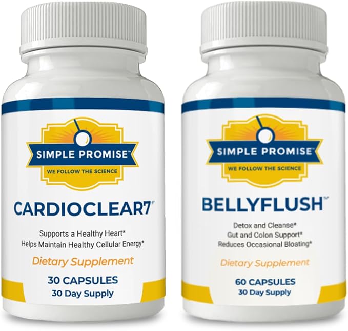 Simple Promise Heart &amp Gut Wellness Bundle – Supports Circulation Energy &amp Gut Balance – CardioClear7 CoQ10 + PQQ &amp BellyFlush for Heart Support &amp Digestive Comfort – 30-Day Supply
