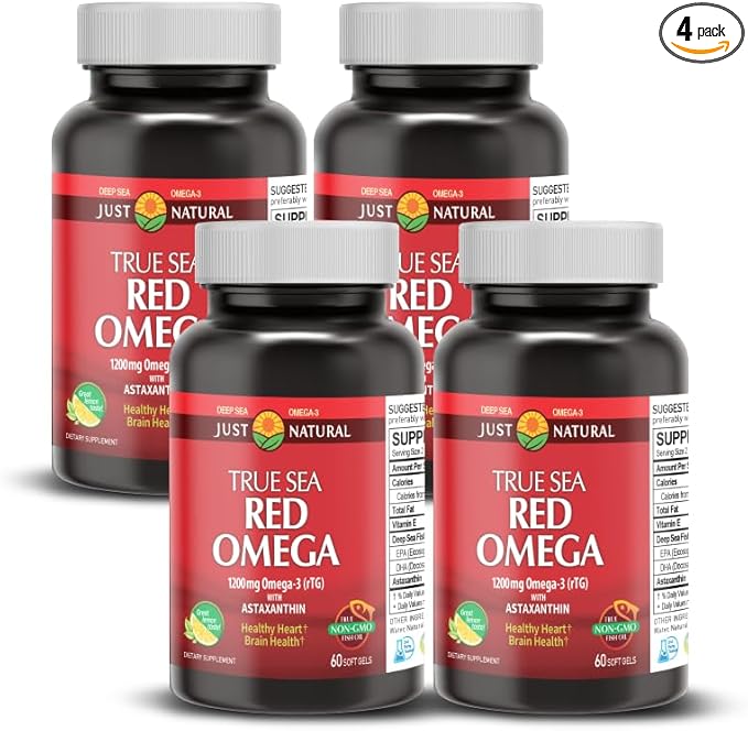 NANOWELL Red Omega-3 with Astaxanthin DHA &amp EPA - Immune Support Fish Oil - 60 Softgels X 4 Bottles (240 Count)