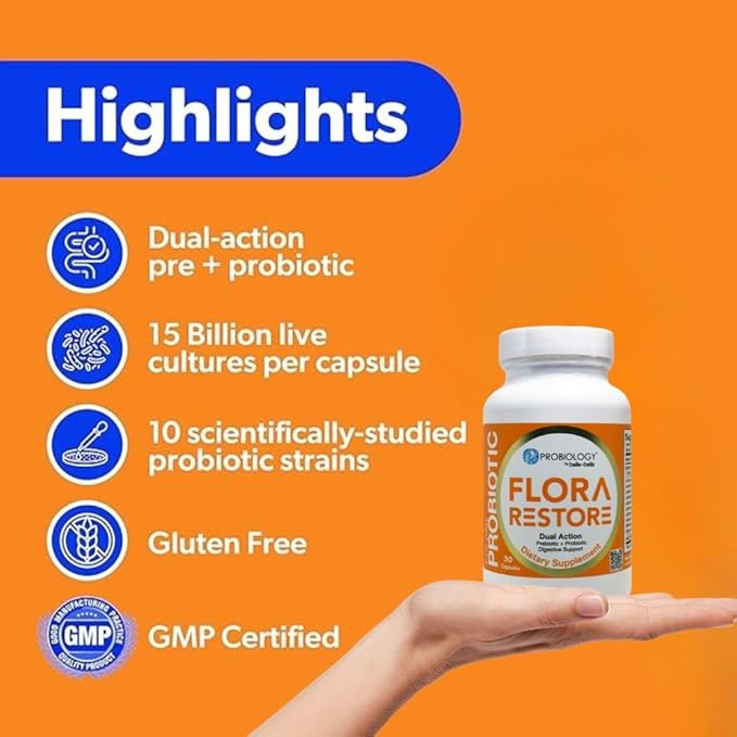 belle+bella Flora Restore Daily Probiotic - 15 Billion Live Cultures - Probiotics &amp Prebiotics for Digestive &amp Gut Health - Immune Support - Promotes Regularity - Vegan &amp Gluten Free - 30