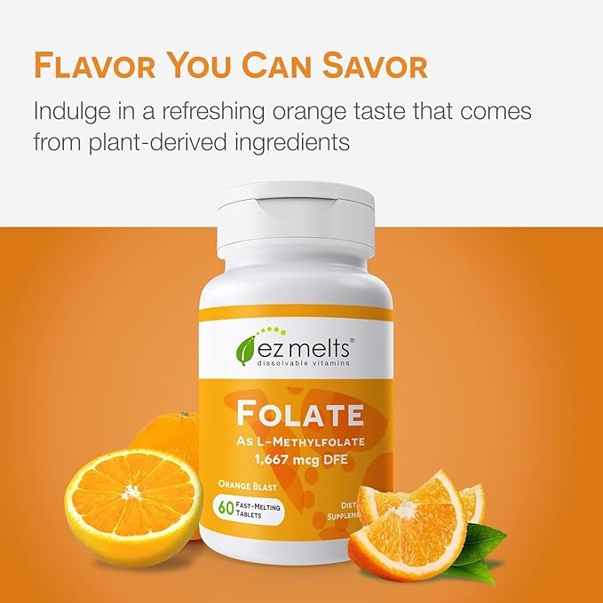 EZ Melts Dissolvable Folate 1667 mcg DFE - Methylated Folate Supplement - Heart Health &amp Healthy Fetal Development - Non-GMO Vegan &amp Dairy-Free - Orange Blast -120 Dissolvable Tablets (120 S