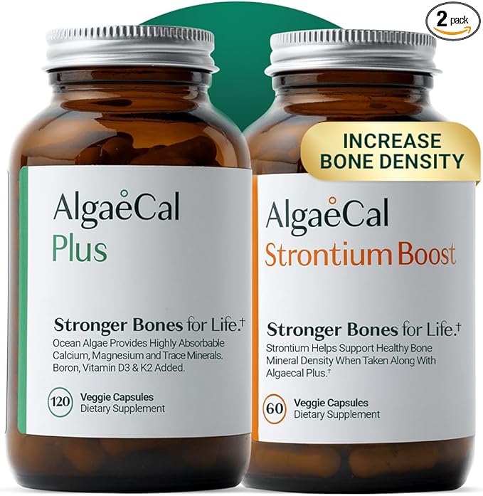 AlgaeCal - Bone Builder Pack for Bone Density Increase Clinically Supported Plant Based Calcium Supplement &amp Strontium Vitamins K2 (100mg) D3 (1600 IU) Magnesium &amp 16 Essential nutrients