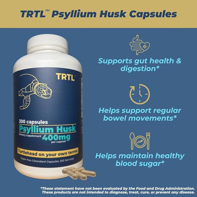 TRTL Psyllium Husk Capsules – 300ct | Fiber Supplement for Gut Health &amp Regularity | Made in the USA with Globally Sourced Ingredients | Non-GMO | 2g Psyllium Husk Powder per Serving