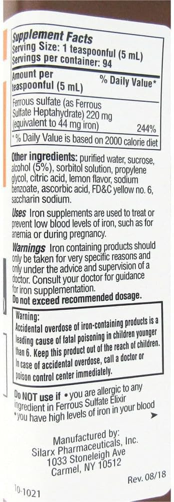 Ferrous Sulfate Elixir 220mg/5mL 16oz Bottle - 2 Pack