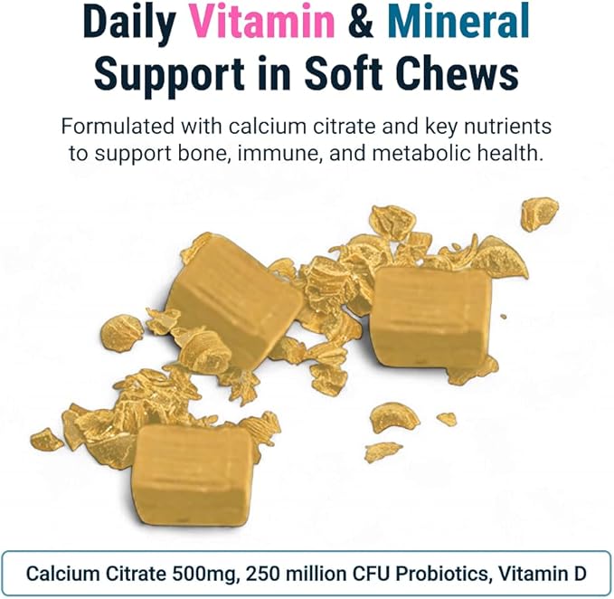 BariatricPal Sugar-Free Calcium Citrate Soft Chews | 500mg with Vitamin D &amp Probiotics | Piña Colada | 90 Count (1 Month Supply)