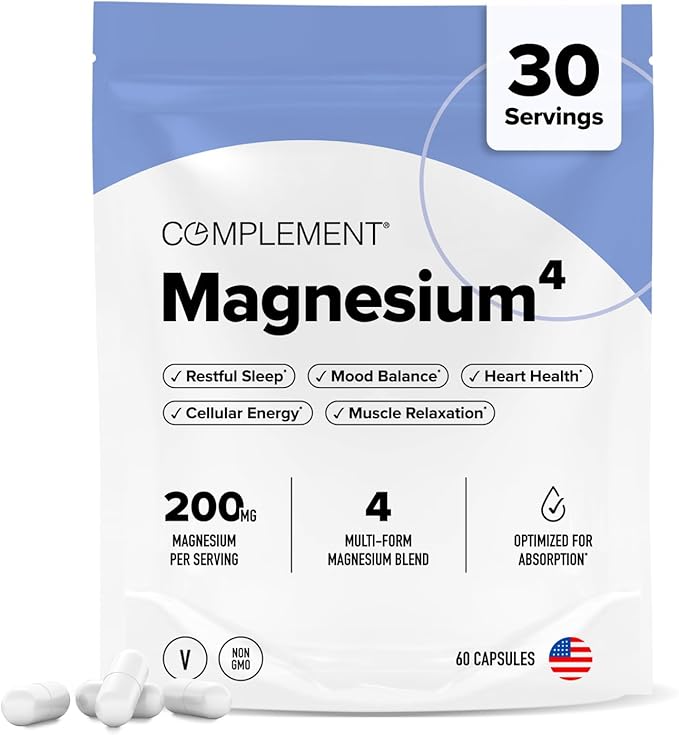 COMPLEMENT Magnesium - 4 Bioavailable Forms Complex - Malate Taurate Bisglycinate Orotate - Supplement for Relaxation Muscle Recovery Stress Reduce - 200mg 60 Vegan Capsules (30 Servings)