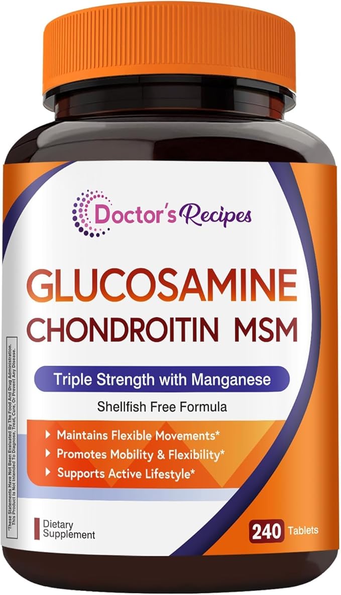 Doctor's Recipes Glucosamine Chondroitin MSM and Manganese Supplement 1800 mg Glucosamine HCl NO Shellfish Healthy Structure &amp Movements Flexibility Support for Men &amp Women 240 Tablets