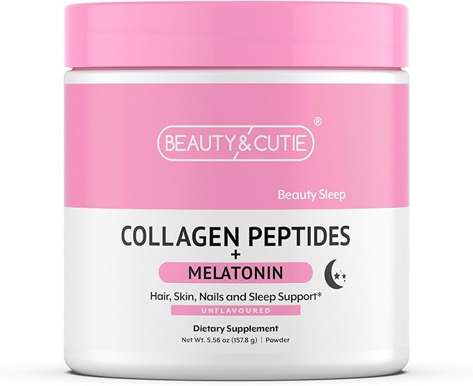 Melatonin 5 mg with Collagen Peptides Powder Grass Fed Hair Skin Nails and Sleep Support Non GMO Gluten Free Unflavored 5.56 oz