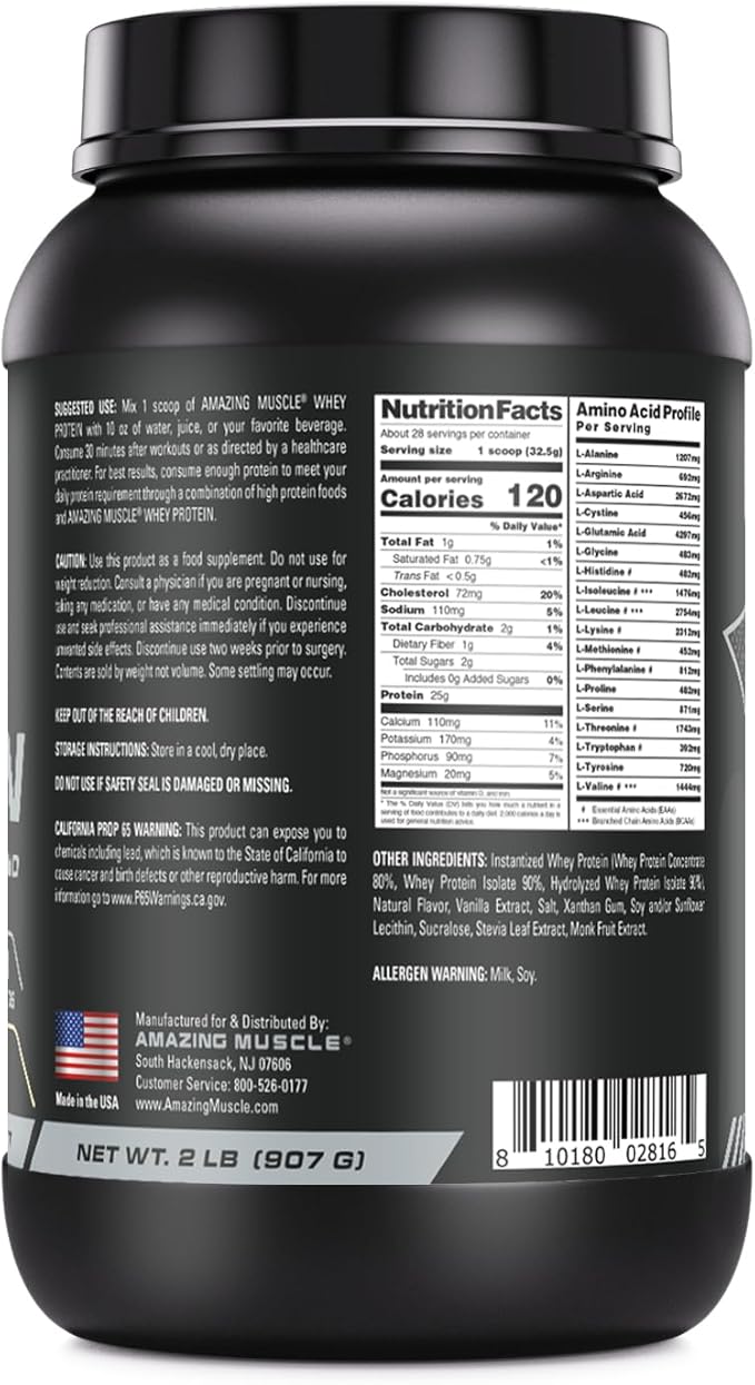 Amazing Muscle 100% Whey Protein Powder *Advanced Formula with Whey Protein Isolate as a Primary Ingredient Along with Ultra Filtered Whey Protein Concentrate (Vanilla 2 lb)