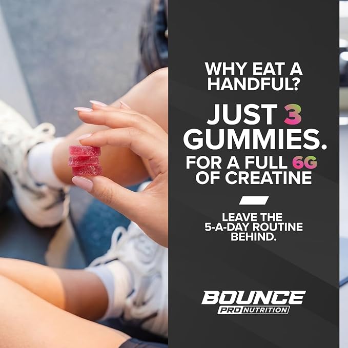 Bounce Pro Creatine Monohydrate Gummies for Men &amp Women Low Calorie 6G of Creatine per Serving Vegan Anti-Melting Gluten-Free Non-GMO (51 Count (Pack of 1) Strawberry Kiwi)