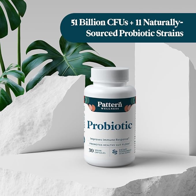 Pattern Wellness Probiotic Supplement - 51 Billion CFU - Supports Digestive Balance &amp Gut Wellness - Mindfully Sourced Non-GMO - 30 Vegan Capsules