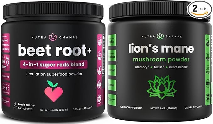 NutraChamps Beet Root Powder &amp Lion's Mane Powder. Powerful Circulation &amp Adaptogen Blends