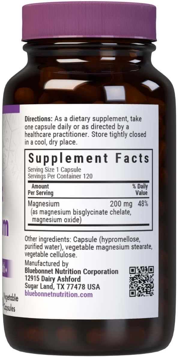 Bluebonnet Nutrition Albion Buffered Chelated Magnesium 200 mg Magnesium Oxide Stress Relief Vegan Non GMO Gluten Free Soy Free Milk Free Kosher 120 Vegetable Capsules 2 Month Supply