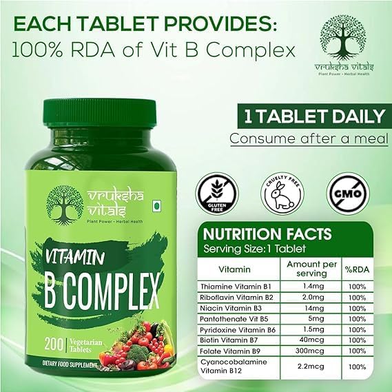 Vedanta Vita B Complex Vegetable Capsules 100% RDA B Vitamins (B1 B2 B3 B5 B6 B7 B9 B12) Vitamin C Calcium Iron Zinc Potassium Folic Acid 200 Count