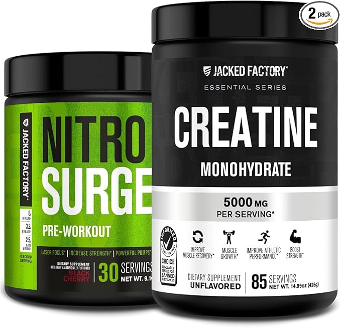 Jacked Factory Nitrosurge Pre-Workout in Black Cherry &amp Creatine Monohydrate for Men &amp Women