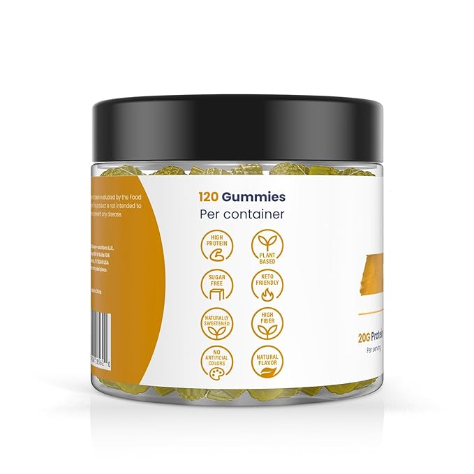 120 Sugar Free Protein Ginger Gummies with 1g per gummy &amp High Fiber | High Protein Snacks| Healthy Snacks for Adults| Plant Based | Fiber Gummies for Adults| Low carb 1g Net Carb Stevia Natural
