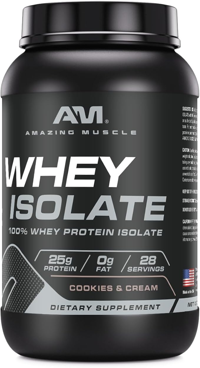Amazing Muscle Whey Protein Isolate Powder | 25 Grams Protein Per Serving | 100% Whey Isolate | Zero Fat | Made in USA (2 LB Cookies &amp Cream)