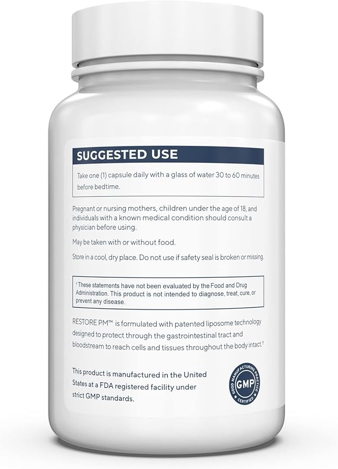 Renue By Science Restore PM | Liposomal Melatonin GABA Supplements | 60 Capsules with Melatonin (1mg) 5HTP (100mg) Glutathione (65mg) Apigenin (75mg) GABA (150mg) - Non-GMO | Made in the USA