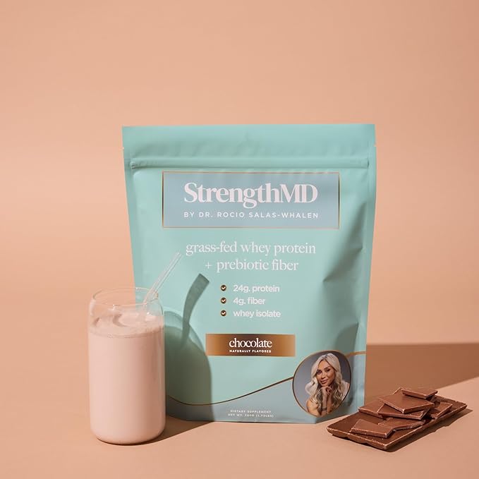 StrengthMD Physician Formulated Protein + Fiber Shake for GLP-1 Support | 24g Protein Grass-Fed Whey 4g Fiber &amp Digestive Enzymes Low Carb No Added Sugar Chocolate 1.72 lb