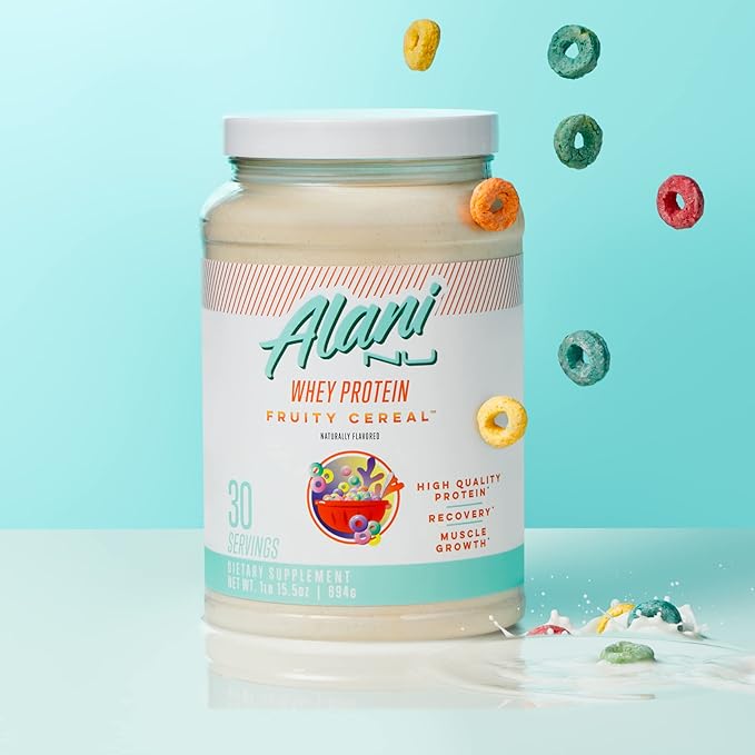 Alani Nu Whey Protein Powder Fruity Cereal | 23g Protein with Low Sugar &amp Digestive Enzymes | Meal Replacement Powder | Low Fat Low Carb Whey Isolate Protein Blend | 30 Servings