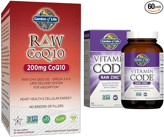 Garden of Life Vegetarian Omega 3 6 9 Supplement - Raw CoQ10 Chia Seed Oil Whole Food Nutrition &amp Zinc Supplements 30mg High Potency Raw Zinc and Vitamin C Multimineral Supplement