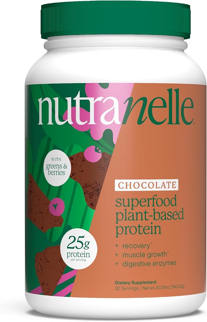 NUTRANELLE Chocolate Protein Powder - 25g Vegan Protein Powder with Greens - Unsweetened &amp Gluten Free Plant Based Protein - Gluten Free Nutrition Made in USA - Perfect for Smoothies Shakes &amp