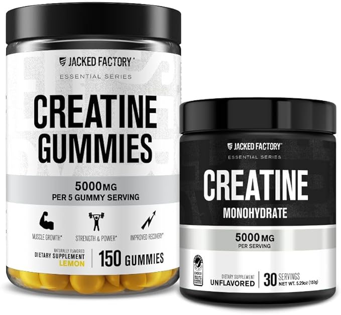 Jacked Factory Creatine Monohydrate Gummies (150 Gummies Lemon) &amp Creatine Monohydrate Powder (30 Servings Unflavored)