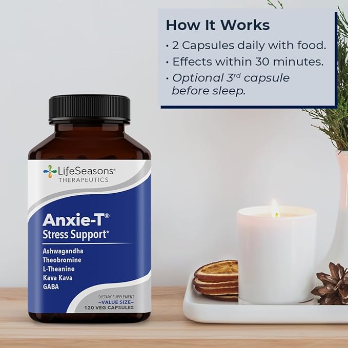 Anxie-T - Stress Relief Supplement - Supports Mood &amp Mental Focus - Feel Calm and Relaxed - Eases Tension &amp Nervousness - Ashwagandha Kava Kava GABA &amp L-Theanine - 120 Capsules