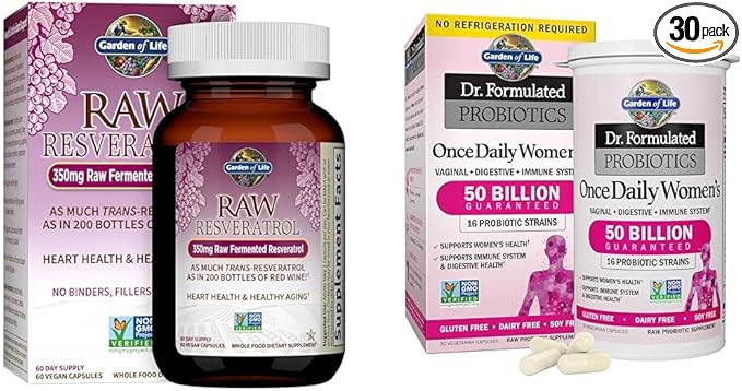 Garden of Life Heart Resveratrol Supplement - Raw Whole Food Antioxidant Formula for Heart Health &amp Dr. Formulated Women's Probiotics Once Daily 16 Strains 50 Billion 30 Count
