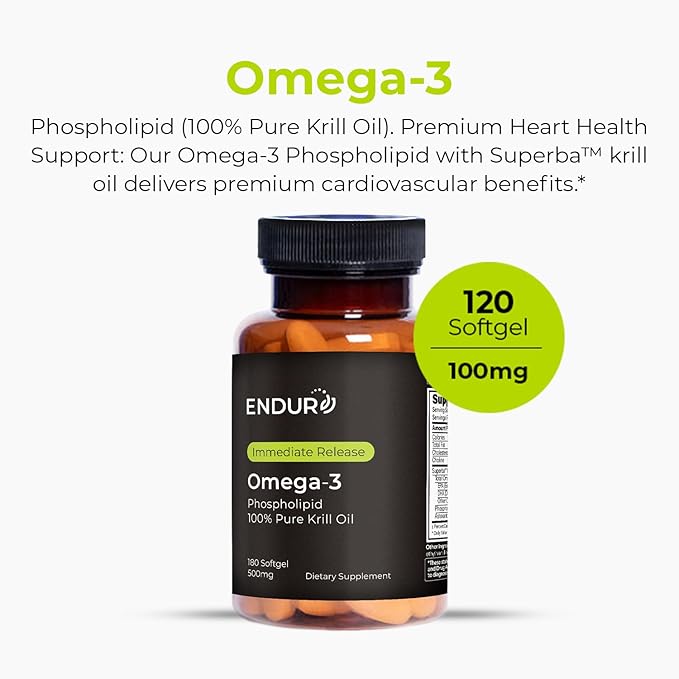 Endur Omega-3 Phospholipid (100% Pure Krill Oil) Heart Health Supplement Formulated for Optimal Absorption Gluten Free 500mg (180 Softgels)