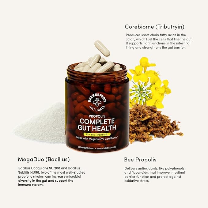Complete Gut Health by Beekeeper's Naturals 3-in-1 Prebiotic Postbiotic Probiotics for Digestive Health &amp Bloating Relief for Women &amp Men Propolis Powered Gluten-Free Vegan Capsules 60ct