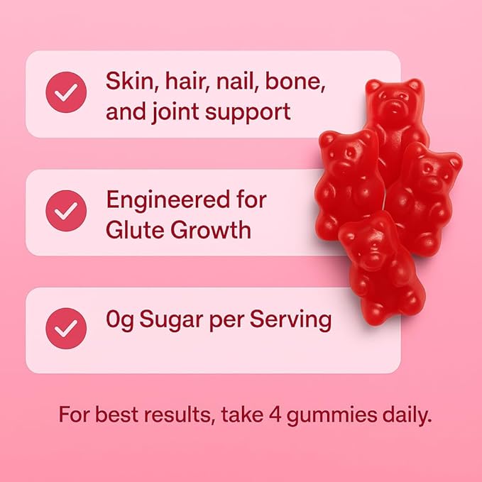 Booty Gummies - Booty &amp Glute Builder - Creatine Gummies with Collagen for Women | Sugar-Free | glute and Glow Berry Kiss Flavor