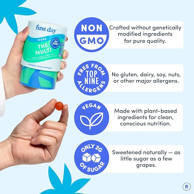 FIRST DAY Vitamins for Teens - Teen Multi Vitamins for Girls &amp Boys 12-17 Organic Fruit &amp Veggie Blend - 12 Key Nutrients: Vitamins A B1 B2 B6 B9 B12 C D3 E K2-60 Day Supply