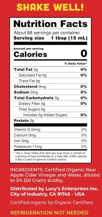 Lucy's Family Owned - 34oz. GLASS BOTTLE (2 PACK) Organic With the Mother Apple Cider Vinegar Unfiltered Unpasteurized Raw and NonGMO