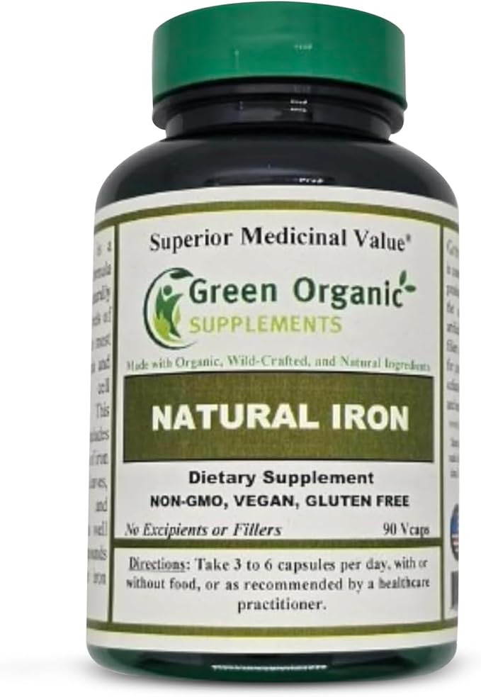 (Pack-2) Green Organic Supplements' Iron 2000mg 180 Hand Made Vegan Non-GMO &amp Gluten Free Natural Iron Capsules