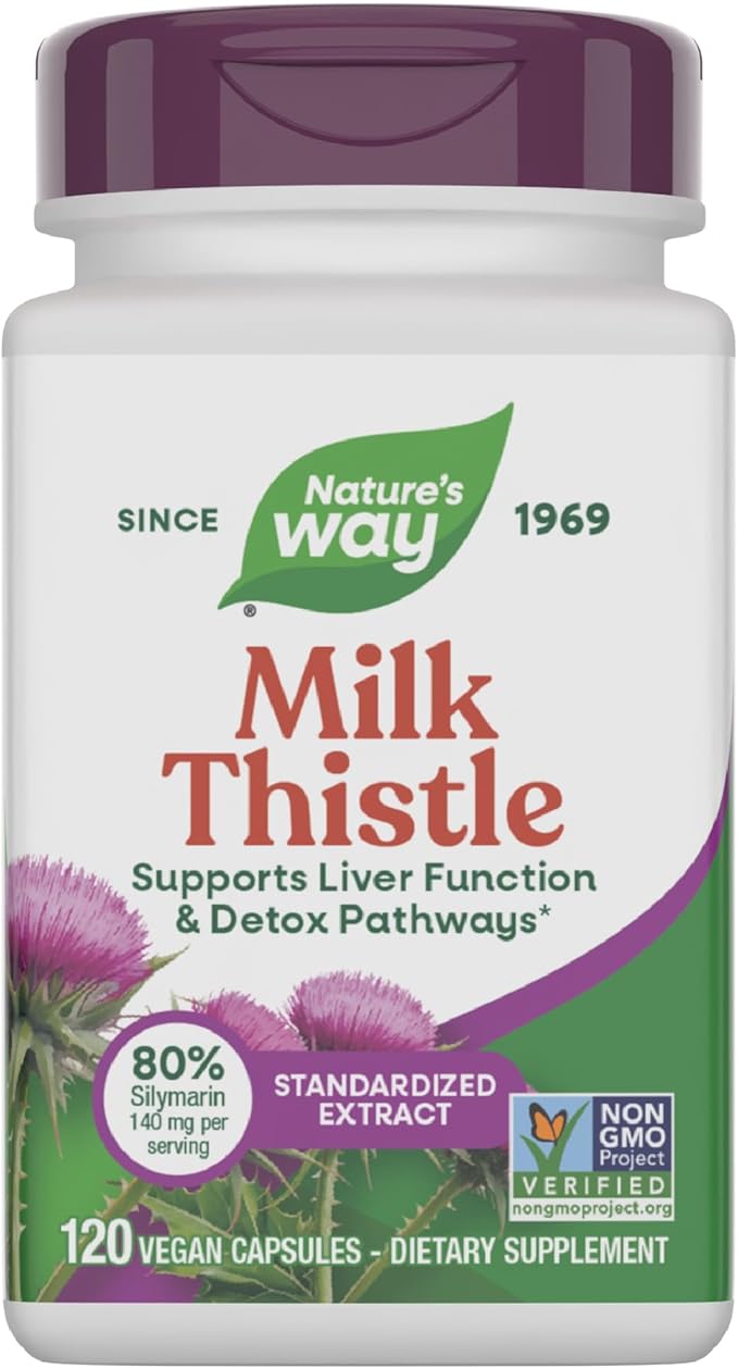 Nature's Way Milk Thistle Supports Liver Function &amp Detox Pathways* 175 mg Milk Thistle Seed Extract Standardized to 80% Silymarin per Serving Vegan 120 Capsules (Packaging May Vary)