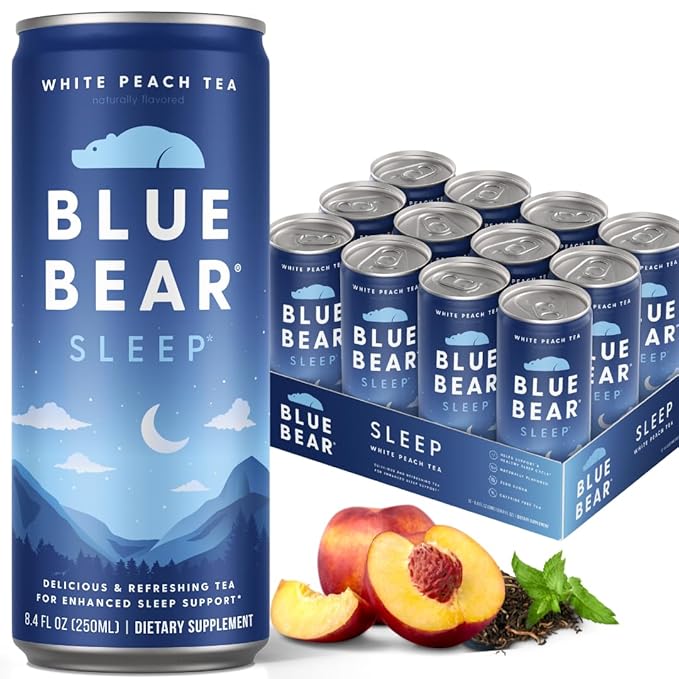 Blue Bear Melatonin Sleep Drink Sleep Tea for Bedtime Support White Peach Tea with Melatonin (5mg) Lavender Ashwagandha Chamomile GABA L-Theanine Caffeine-Free Zero Sugar 8.4 Fl Oz 12-Pack