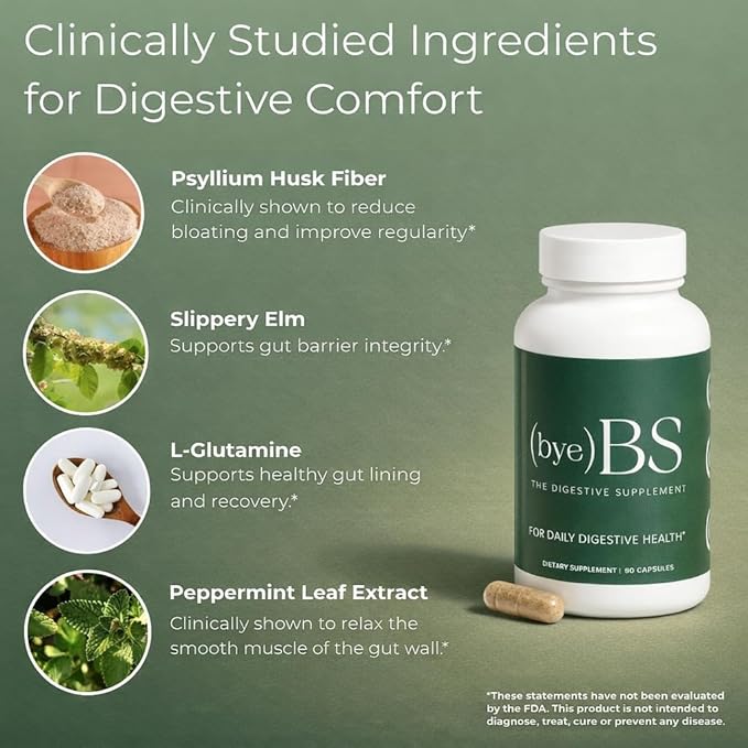 Digestive Support Supplement – Psyllium Husk Slippery Elm Peppermint Extract &amp L-Glutamine – Gut Health Bloating &amp Constipation Support Intestinal Lining &amp Bowel Function