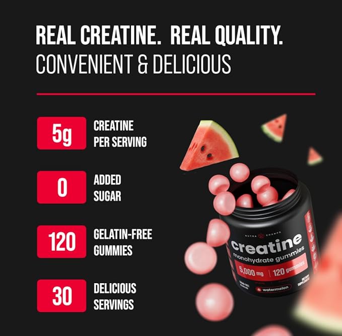 NutraChamps 120 Creatine Gummies for Men &amp Women - 5g Sugar Free Chewable Creatine Monohydrate Gummies - Supports Protein Synthesis Muscle Recovery &amp Workout Performance