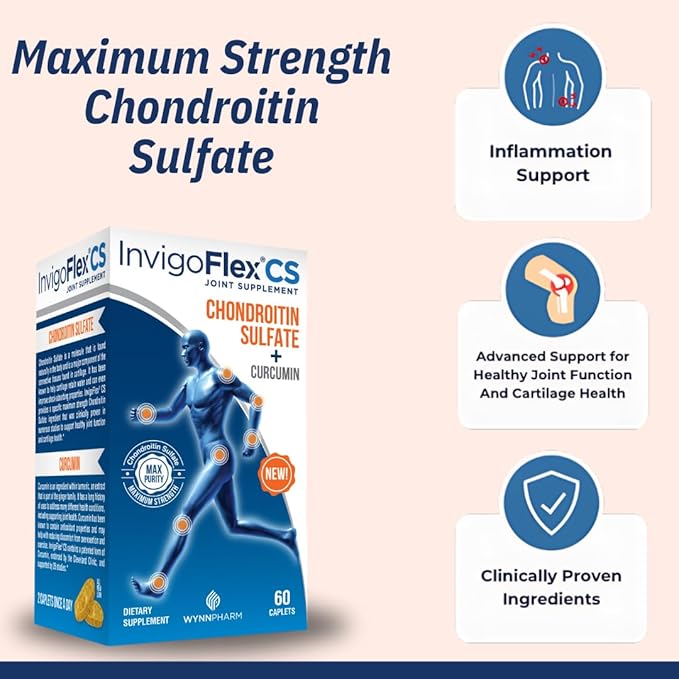 INVIGOFLEX Chondroitin Sulfate with Turmeric Curcumin Non GMO for Knee Hand Back &amp Hip Premium Joint Supplement CS - 3 Pack