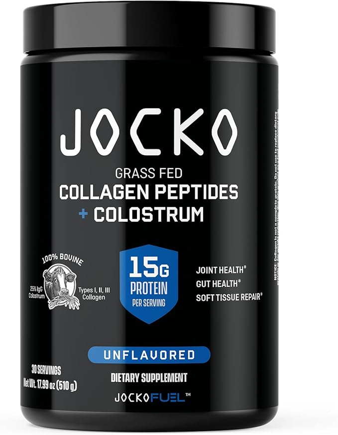 Jocko Fuel Collagen Powder with Colostrum – 15g Hydrolyzed Collagen + 2g First-Milking Colostrum – Dual Action for Gut Health Joint Support and Immune Defense – Recovery Supplement (30 Servings)
