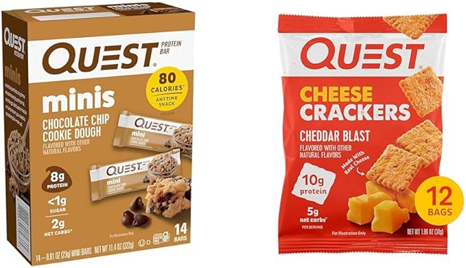 Quest Nutrition Mini Chocolate Chip Cookie Dough Protein Bars High Protein Low Carb &amp Cheese Crackers Cheddar Blast High Protein Low Carb Made with Real Cheese