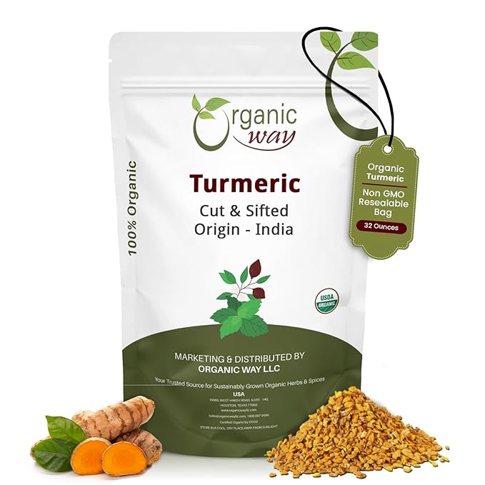 Organic Way Turmeric/Haldi Root Cut &amp Sifted (Curcuma Longa) - Herbal Tea | Kosher &amp USDA Certified | Vegan Non-GMO &amp Gluten Free | 100% Raw from India (2LBS / 32Oz.)