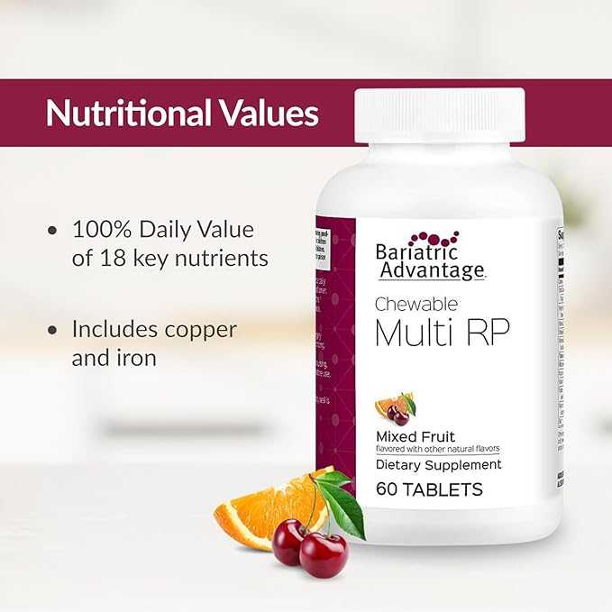 Bariatric Advantage Chewable Multi RP Multivitamin - for Bariatric Surgery Patients - with Iron Copper Vitamin C A Zinc &amp More - 100% DV of 18 Nutrients - Mixed Fruit - 60 Count