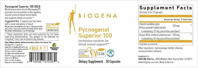 Biogena Pycnogenol 100 mg Gold with Premium Patented French Maritime Pine Bark Extract (Pinus Pinaster) to Support Blood Circulation
