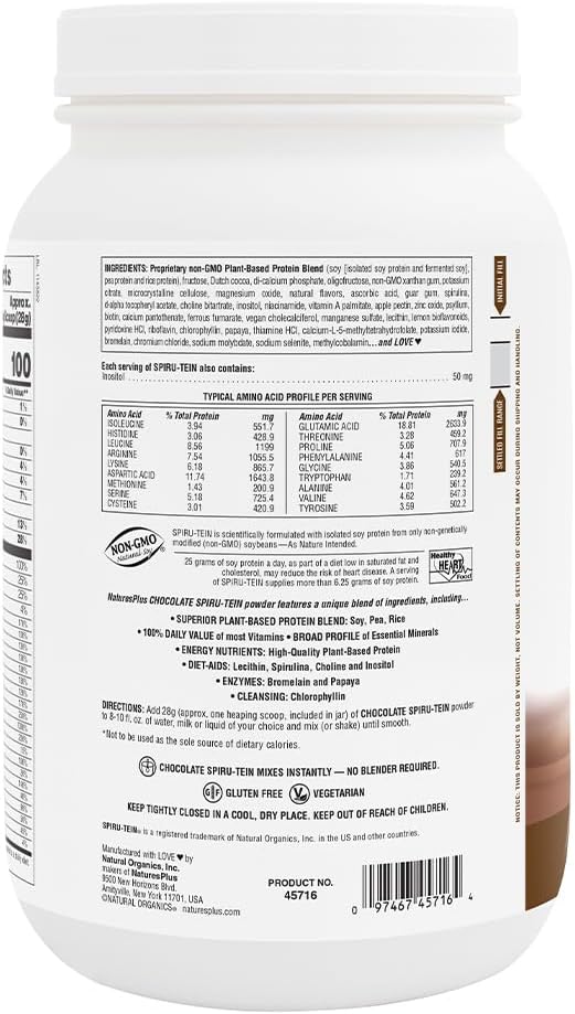 NaturesPlus SPIRU-TEIN Chocolate - 3.7 lbs - Plant-Based Protein Shake - Non-GMO Vegetarian Gluten Free - 60 Servings