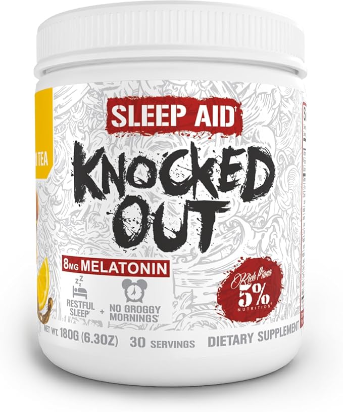5% Nutrition Rich Piana Knocked Out Natural Sleep Aid Powder | Post-Workout Recovery &amp Deep Sleep Supplement | GABA Melatonin Chamomile Tyrosine 5-HTP &amp More | 30 Servings (Honey Lemon Te