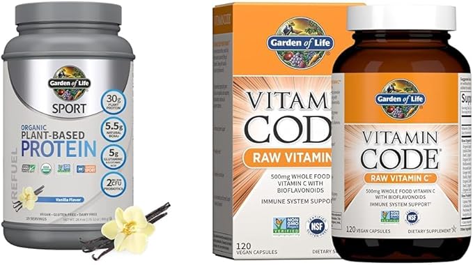 Garden of Life Organic Vegan Sport Protein Powder Vanilla 30g - Probiotics BCAAs for Post Workout Recovery 19 Servings + Raw Vitamin Code Vitamin C 120 Veg Capsules