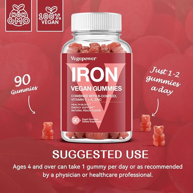 Vegan Iron Gummies + Iron Bisglycinate 30MG | Vegan Iron Supplement Support for Blood Healthy &amp Daily Energy for Adults &amp Kids - 90 Count+60 Count